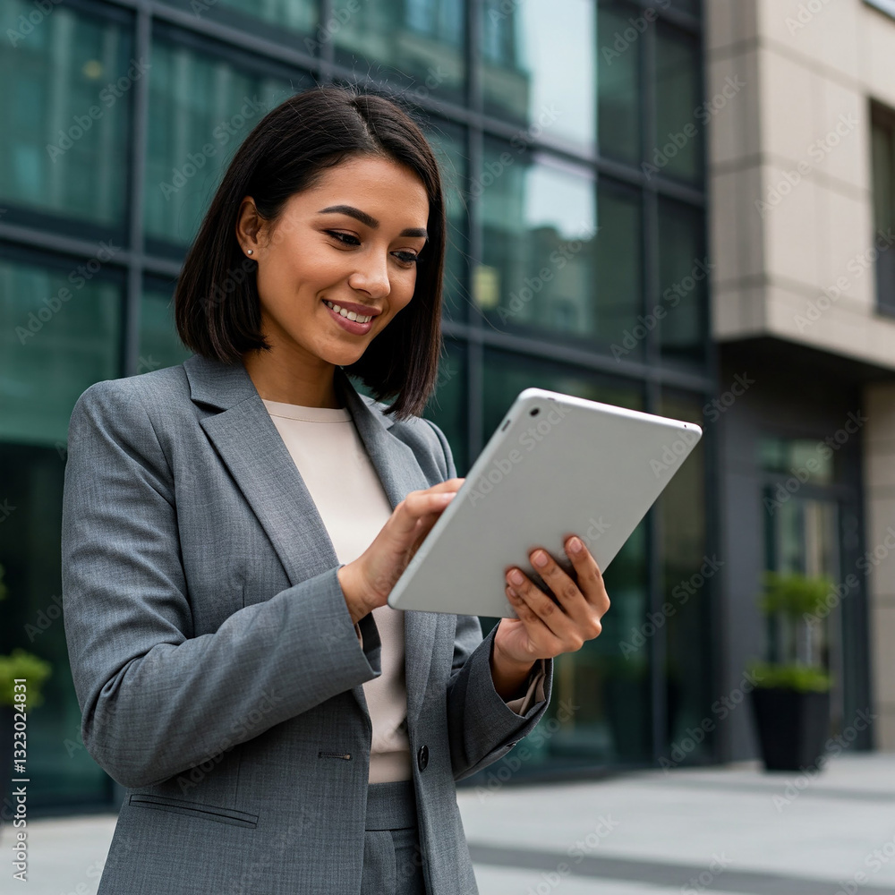 businesswoman with tablet in front of a high rise building. Portrait of a successful business woman using digital tablet in front of modern business building. businesswoman with tablet in front of a high rise building. Portrait of a successful business woman using digital tablet in front of modern business building.