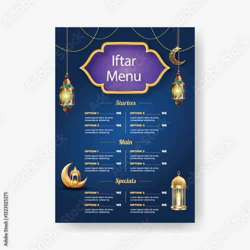 editable Ramadan Iftar menu card template, a4 size vertical Ramadan iftar menu print template for restaurant, Islamic card design