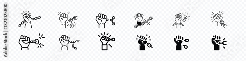 Freedom from Forced Labor Icon – Broken Chain with Hand, hand slave with chain broken icon, Hands are breaking steel handcuffs. Broken chains