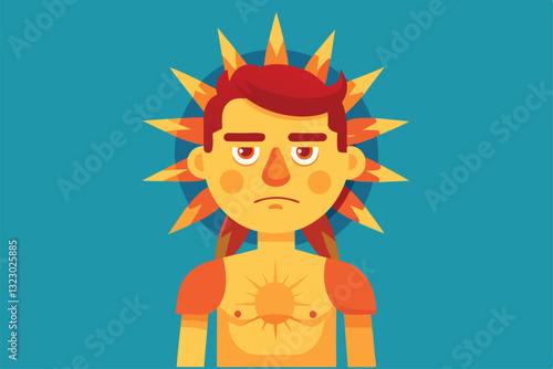 A cartoon character stands with a sunburn on their chest and shoulders, indicating a sunny outing, Sunburn Customizable Flat Illustration