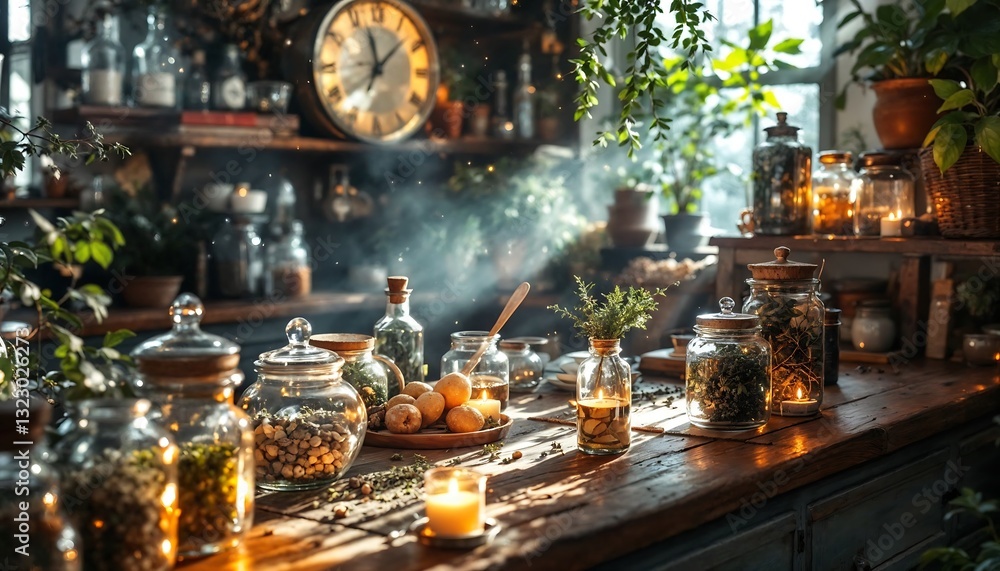 Arranging Apothecary Jars and Herbal Remedies in a Rustic Workshop Arranging Apothecary Jars and Herbal Remedies in a Rustic Workshop