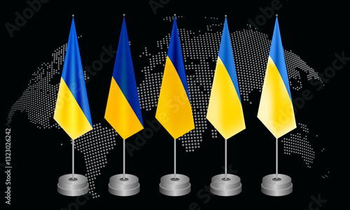 Ukraine flag displayed on a flagstaff representing the countrys strength and dotted world map