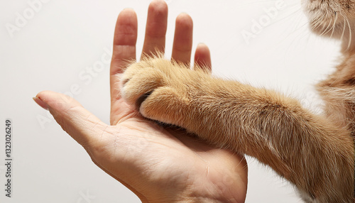 Cat paw and human hand on white background Pet adoption Pet rescue concept