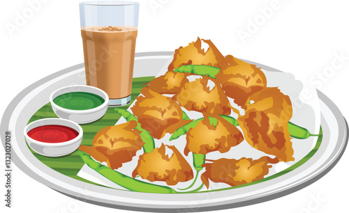 Crispy Pakora in a Plate With Tomato And Coriander Chutney with Tea Vector Illustration