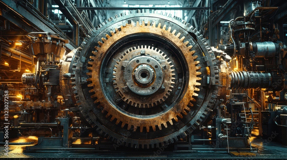 Machinery gears heavy machinery steel components concept. A close-up view of a large, intricate gear system in a dimly lit industrial setting. Machinery gears heavy machinery steel components concept. A close-up view of a large, intricate gear system in a dimly lit industrial setting.
