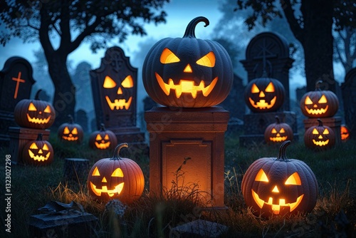 Spooky Pumpkin Lanterns in a Haunted Graveyard at Dusk