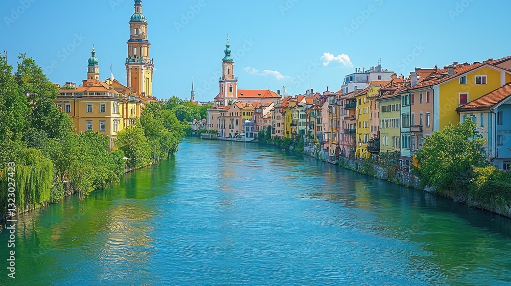 Naklejka premium Scenic river view of colorful buildings and churches.