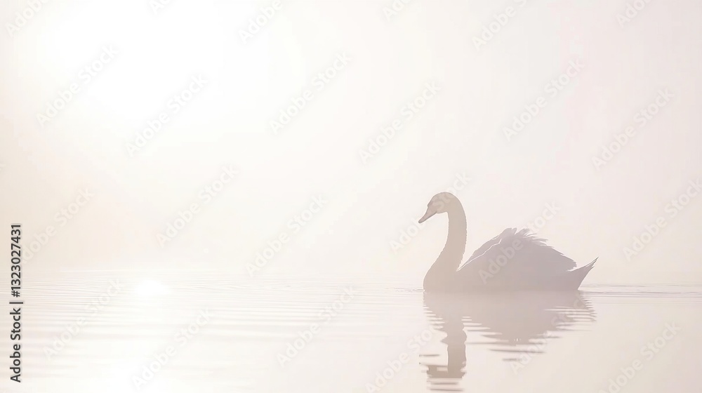 Fototapeta premium Misty sunrise swan lake serene water reflection peace