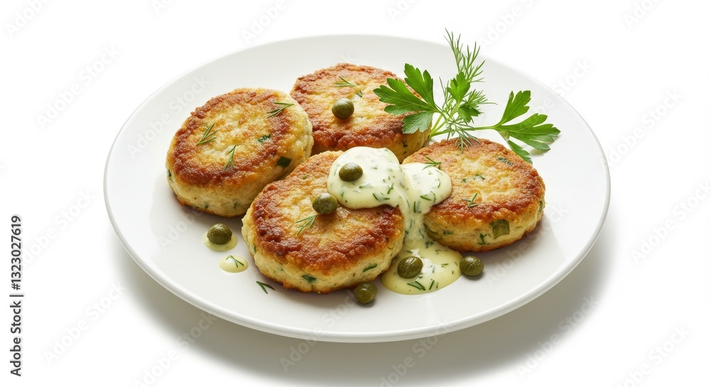 Golden Fish Cakes: A culinary composition features four expertly cooked fish cakes arranged on a pristine plate, complemented by a vibrant sauce and fresh garnish. Golden Fish Cakes: A culinary composition features four expertly cooked fish cakes arranged on a pristine plate, complemented by a vibrant sauce and fresh garnish.