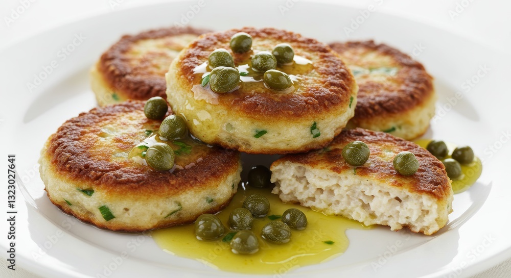 Gourmet Fish Cakes: A culinary masterpiece of golden-brown fish cakes, delicately seasoned, and artfully arranged on a pristine plate, capturing the essence of fine dining Gourmet Fish Cakes: A culinary masterpiece of golden-brown fish cakes, delicately seasoned, and artfully arranged on a pristine plate, capturing the essence of fine dining