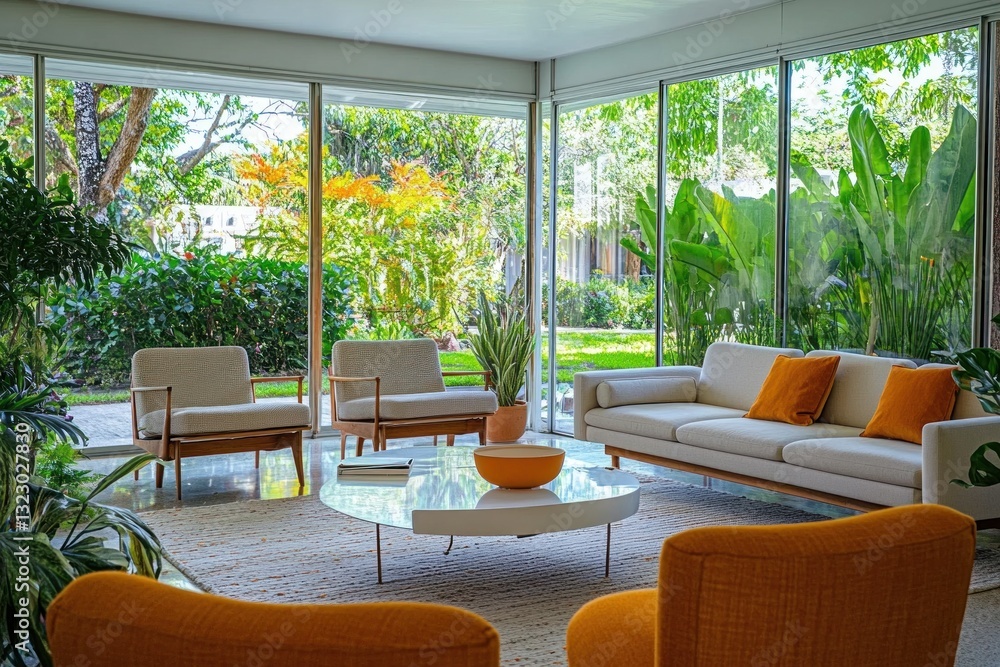 Fototapeta premium Modern living room with large windows, showcasing lush garden views.