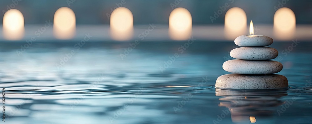 Obraz premium Waterscape abstract background concept. Tranquil spa scene with stacked stones and candlelight reflecting on water.