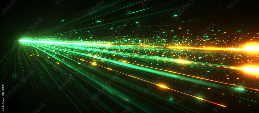 Obraz premium Green laser beam bright abstract sparkle. Acceleration speed light path. Speeding light train over darkness. Abstract neon or laser glow motion effect illustration.