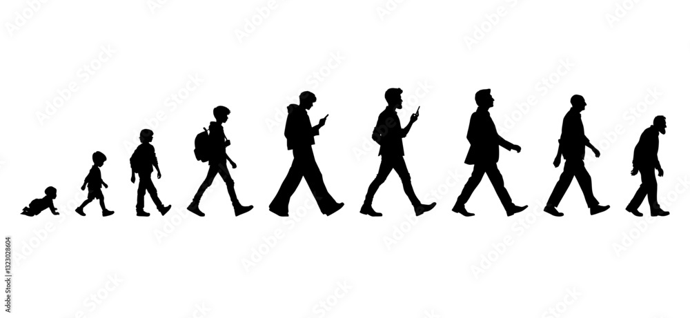 Obraz premium Vector illustration. Silhouette of growing up man from baby to old age. Many people of different ages in a row. 