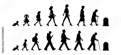 Vector illustration. Silhouette of growing up man from baby to old age. Many people of different ages in a row.	