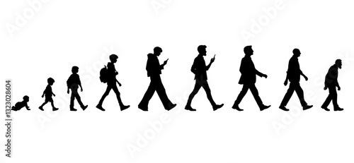Vector illustration. Silhouette of growing up man from baby to old age. Many people of different ages in a row.	