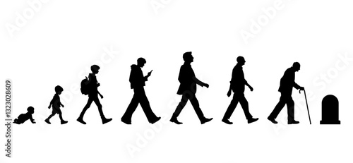 Vector illustration. Silhouette of growing up man from baby to old age. Many people of different ages in a row.	