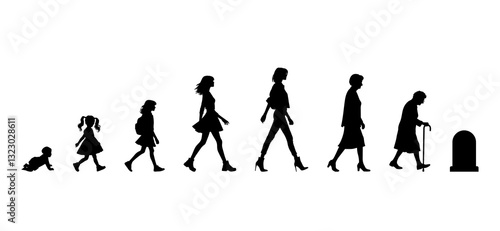 Vector illustration. Silhouette of growing up man from baby to old age. Many people of different ages in a row.	