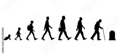 Vector illustration. Silhouette of growing up man from baby to old age. Many people of different ages in a row.	
