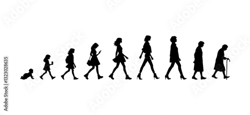 Vector illustration. Silhouette of growing up man from baby to old age. Many people of different ages in a row.	