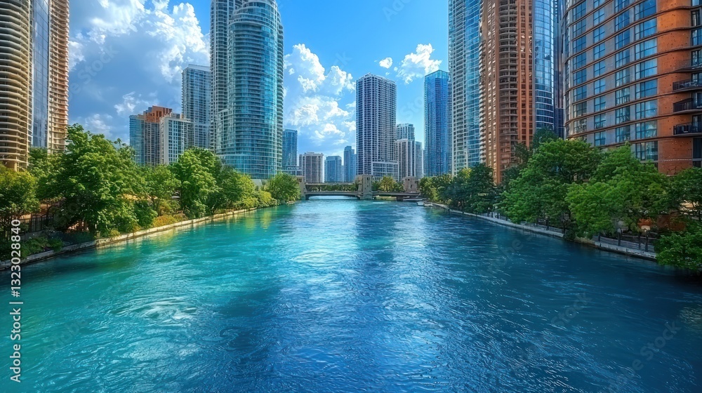 Fototapeta premium Vibrant cityscape with river, skyscrapers, and lush greenery under a sunny sky.