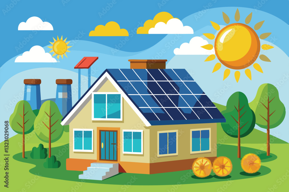 Naklejka premium A home equipped with solar panels harnesses sunlight for renewable energy in a bright environment, Sun power photovoltaic PV home system and renewable electric energy technology