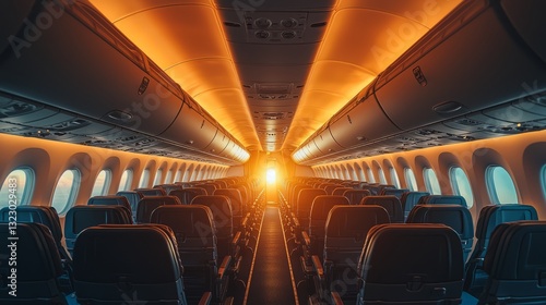 Interior of an Airplane Cabin with Dramatic Sunset Lighting Effect