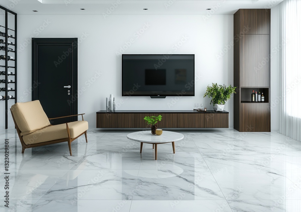 Fototapeta premium Modern living room with marble floor, TV, armchair, and wine storage.