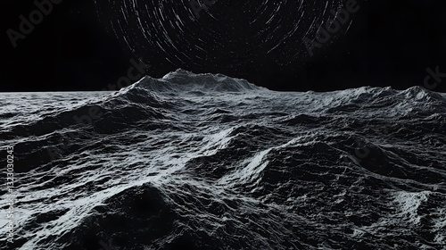 Dramatic Dark Monochromatic Alien Planet Landscape with Star Trails