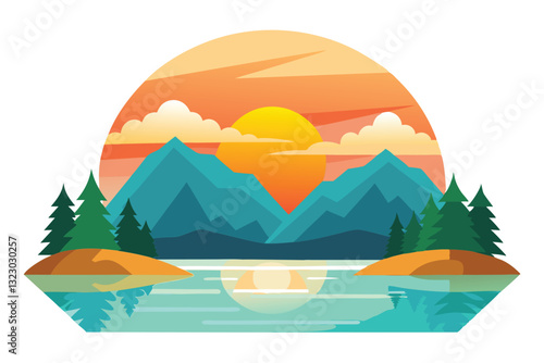 The sun rises over a calm lake, reflecting vibrant colors while mountains and trees frame the view, sunrise lake vector flat minimalistic isolated illustration