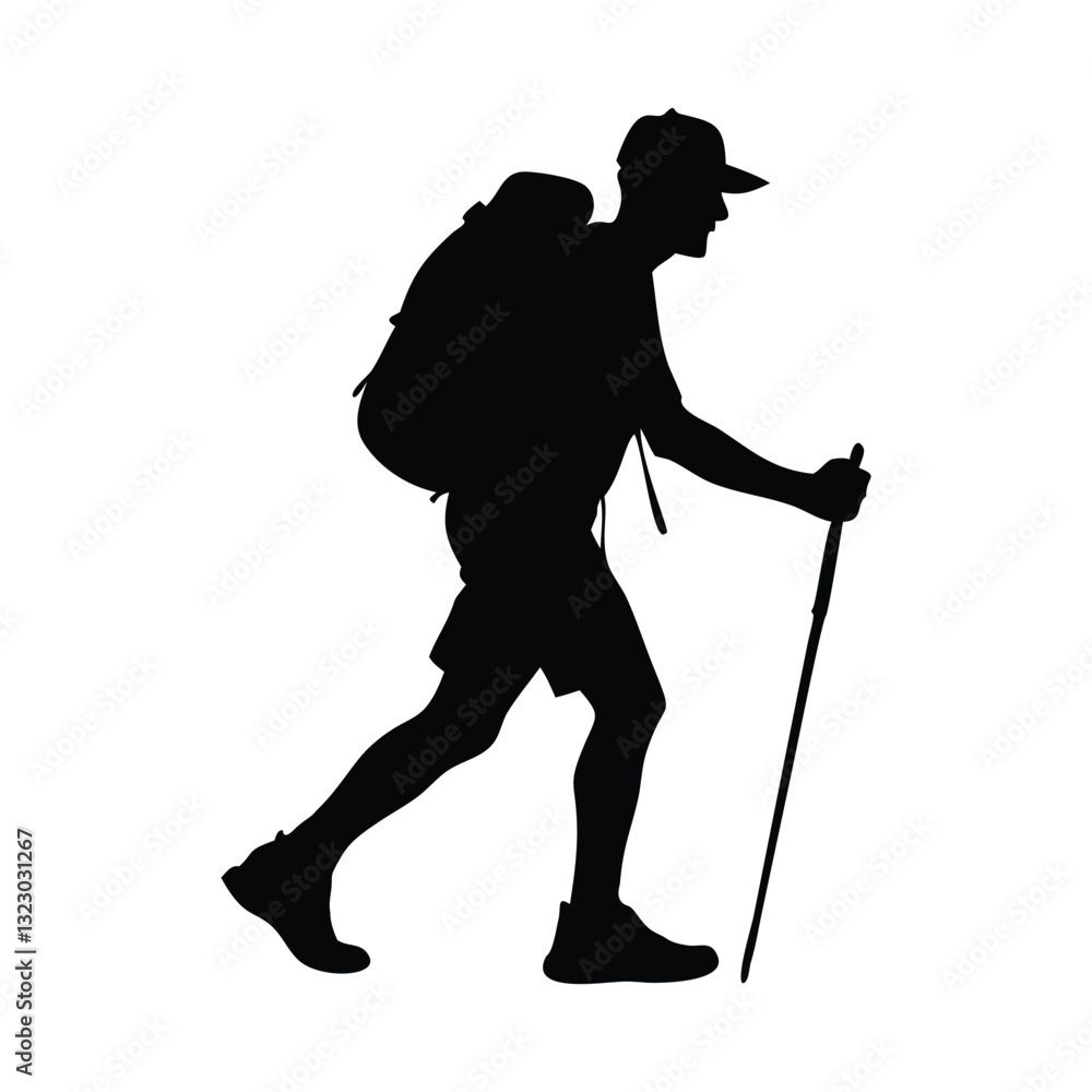 Fototapeta premium Adventure Silhouette: A determined hiker, silhouetted against a simple background, ventures forward with a backpack and trekking pole, embodying the spirit of exploration and outdoor pursuit.