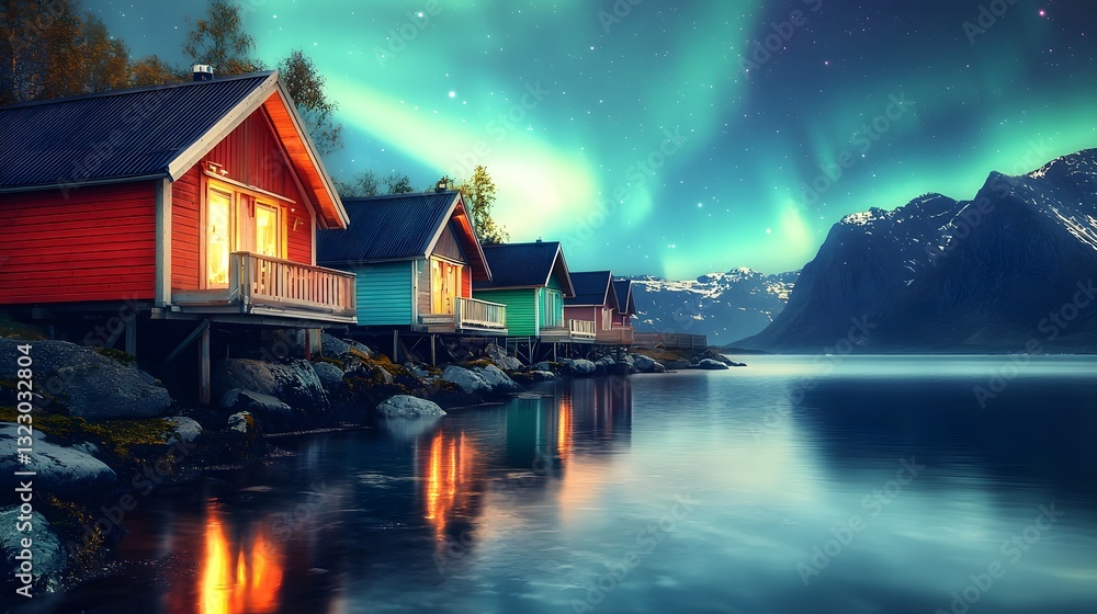Fototapeta premium Colorful Cabins on Calm Lake at Night Aurora Borealis Scenic Mountains