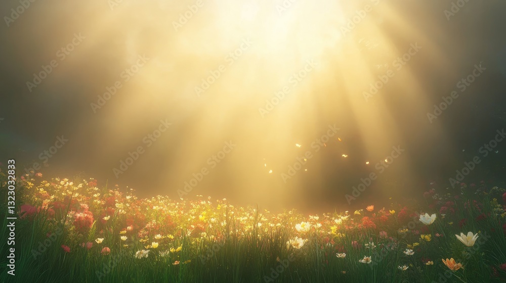 Naklejka premium Ethereal Light Breaking Through Mist Above a Colorful Flower Field at Dawn