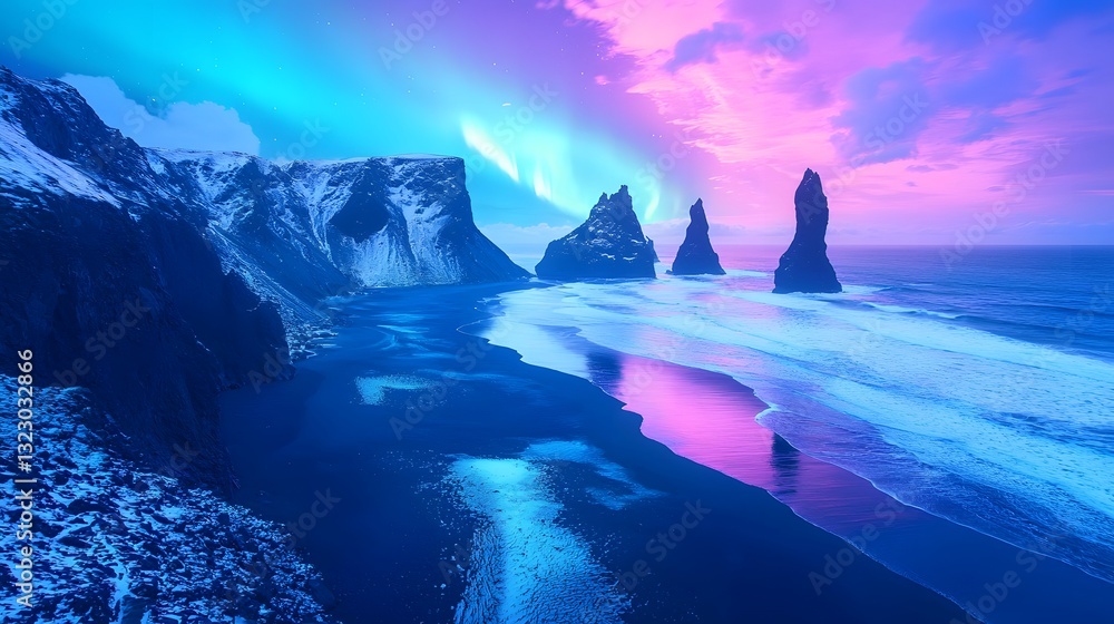 Fototapeta premium Dramatic Icelandic Seascape Black Sand Beach Northern Lights Rock Formations at Sunset
