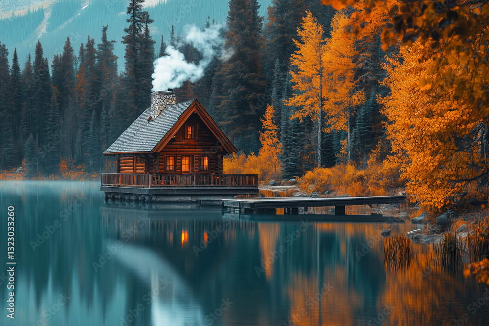Fototapeta premium Cozy Cabin by Tranquil Lake – Autumn Forest Reflection Scenic View