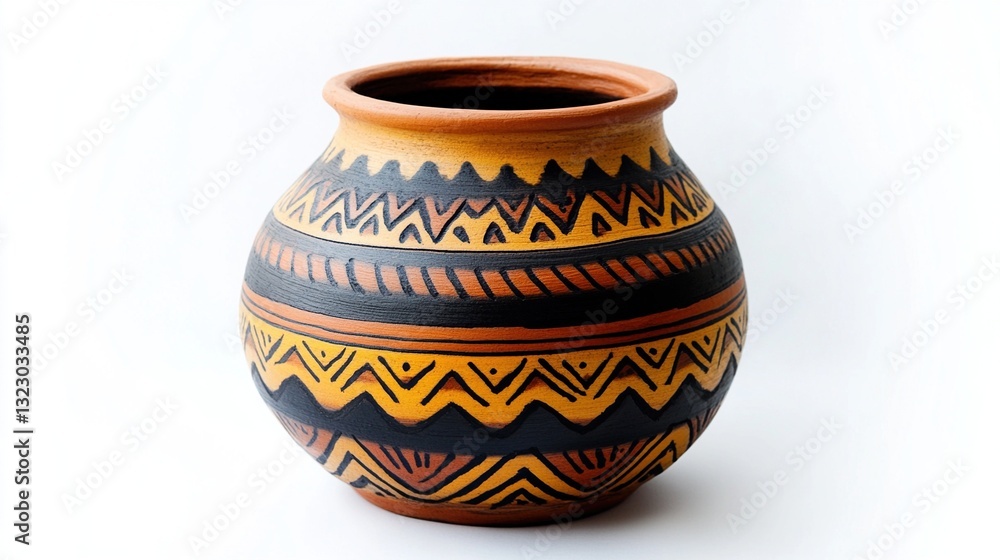 Handcrafted terracotta pot with geometric patterns. Handcrafted terracotta pot with geometric patterns.