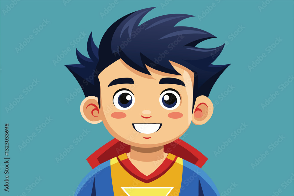 Obraz premium A young cartoon boy smiles brightly in a colorful superhero outfit, ready for adventure and fun, Sup Customizable Cartoon Illustration