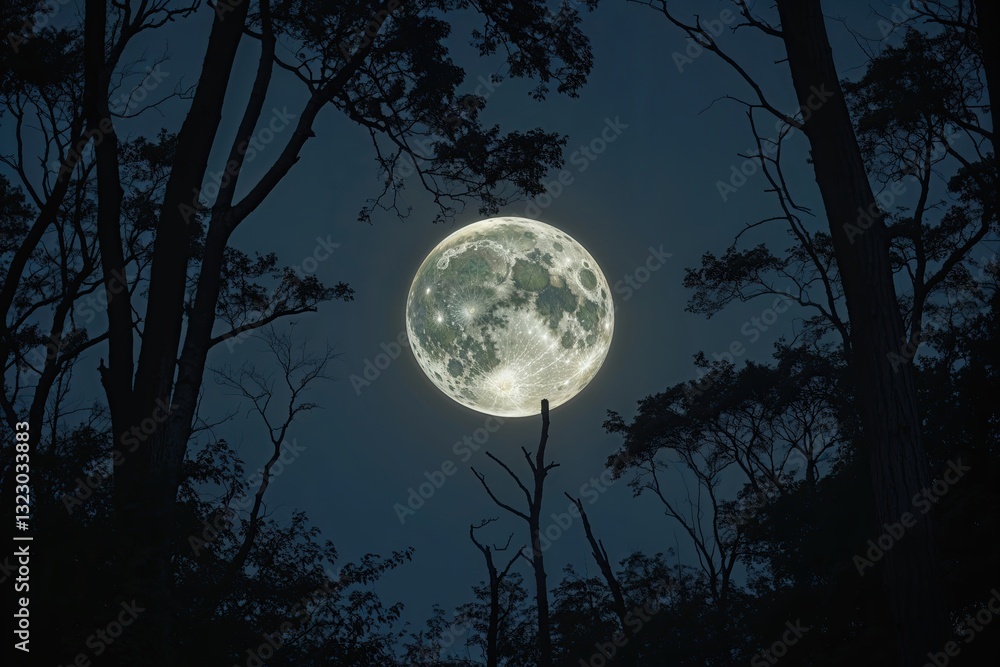 Naklejka premium Mysterious Forest Canopy Beneath Full Moon Shadows and Enigmatic Atmosphere