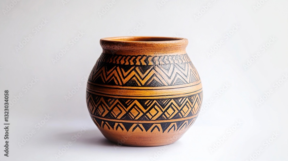 Ornate clay pot with geometric designs. Ornate clay pot with geometric designs.