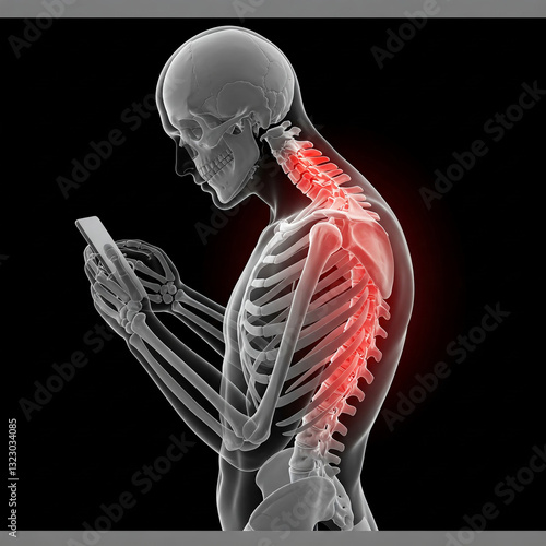 3d rendered illustration of a painful back. A detailed  illustration showing a human skeleton using a mobile phone, poor posture effects, back and neck pain.