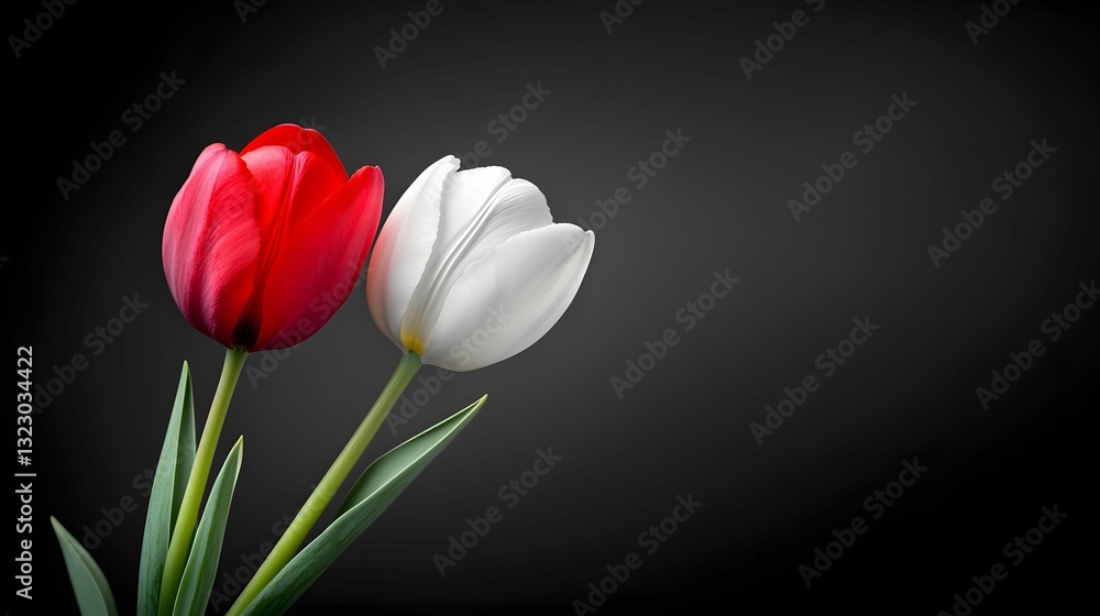 Two tulips, one red and one white, stand elegantly against a dark background, showcasing their vibrant colors and delicate petals. Two tulips, one red and one white, stand elegantly against a dark background, showcasing their vibrant colors and delicate petals.