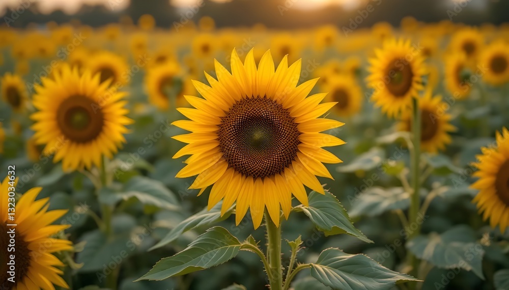 Fototapeta premium Endless Sunflower Field with Bright Yellow Blossoms Swaying in the Gentle Breeze