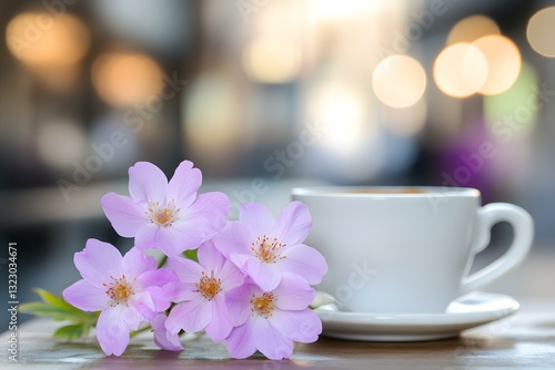 Wallpaper Mural Coffee and Spring Flowers on Cafe Table Torontodigital.ca
