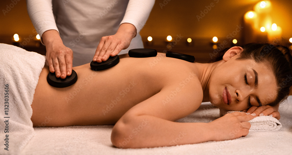 Fototapeta premium Joyful young woman having hot stone massage at modern spa decorated with candles, side view. Spa female therapist placing black stones on relaxed young lady back, healing massage at spa salon