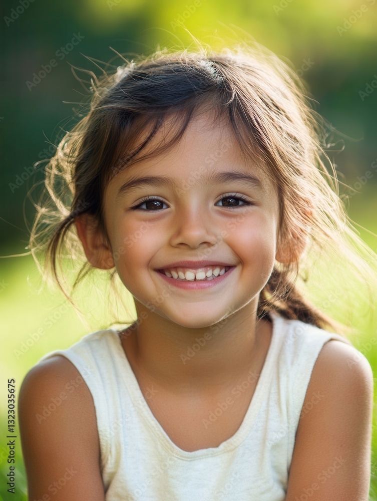 Portrait of a smiling child enjoying a sunny day in the park with green grass and bright sunlight illuminating their joyful expression Portrait of a smiling child enjoying a sunny day in the park with green grass and bright sunlight illuminating their joyful expression