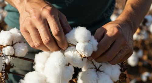 Hands carefully picking fluffy cotton bolls on a sunny day in the field, ready for harvest.