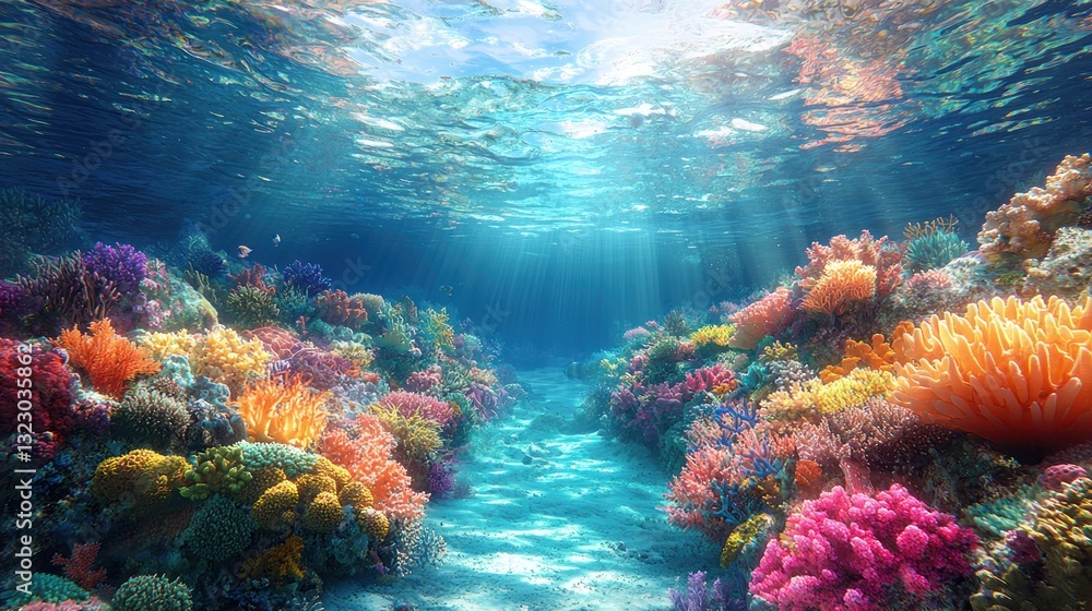 Naklejka premium Vibrant underwater coral reef scene with sunlight.