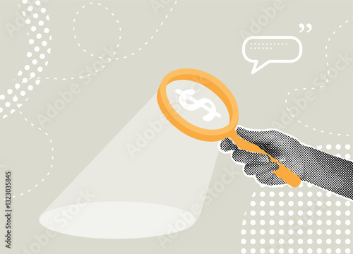 Trendy halftone collage. Searching for financial opportunities. Stock market research concept , hidden costs concept, search for investment opportunities