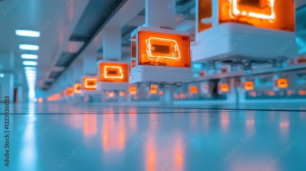 Futuristic Factory Illuminated Neon Signs in Sleek Modern Lab Futuristic Factory Illuminated Neon Signs in Sleek Modern Lab