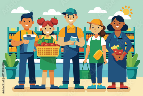 Supermarket workers showcase their customizable outfits while standing in a vibrant produce section, Supermarket workers Customizable Disproportionate Illustration